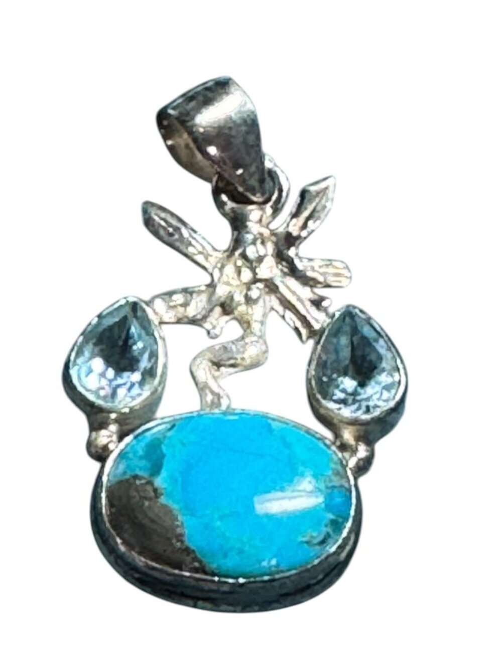 Sterling Silver Fairy Pendant with Turquoise Gemstone & Blue Sapphire Accent